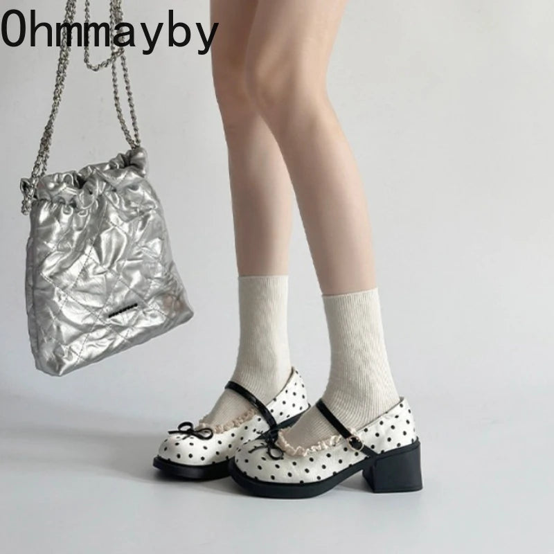 Polka Dot Mary Jane Pumps – Women's Butterfly-Knot Block Heel Mary Jane Pumps Axl