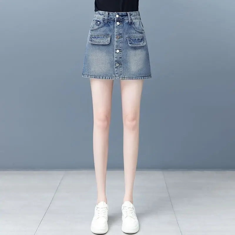 Women's Denim Mini Cargo Skirt – Button Fly A-Line with Pockets Denim Mini Skirt Axl Blue L