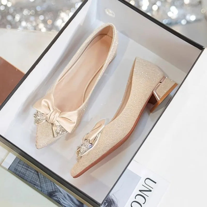 Women's Butterfly Knot Square Heel Pointed Toe Slip-On Shoes Square Heel Pumps Axl
