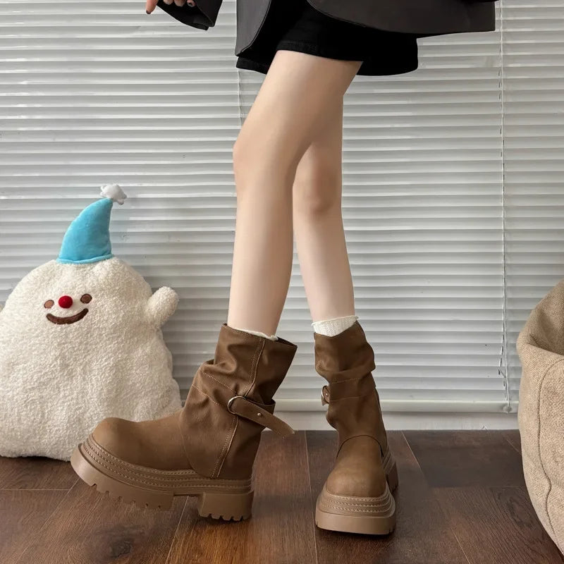 Women's Vintage Platform Knight Boots – Belt Buckle Zip Winter Women's Platform Boots Axl