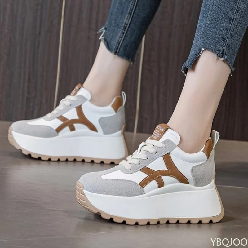 YBQJOO Women's Thick Heel Lace-Up Sneakers | Casual Sport Shoes Women's Sneakers Axl