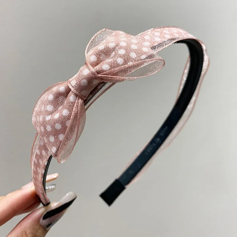 Vintage Polka Dot Organza Bow Headband – Sheer Mesh Hair Hoop Bow Hair Headband Axl B-1pcs