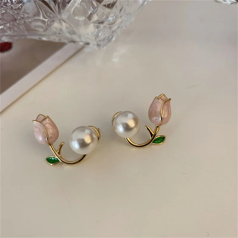 Vintage Pearl Rhinestone Flower Stud Earrings for Women Stud Earrings Axl N2