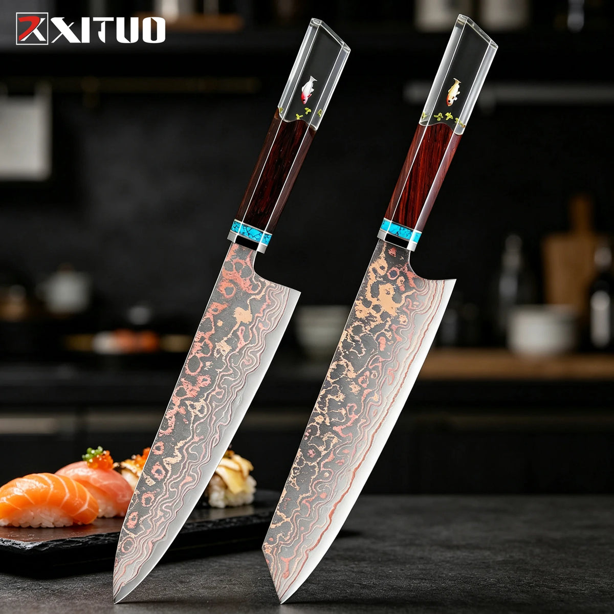 XITUO Damascus Steel Chef Knife Set – Octagonal Wood Handle Kitchen Knife Set Axl 2PCS Knife C