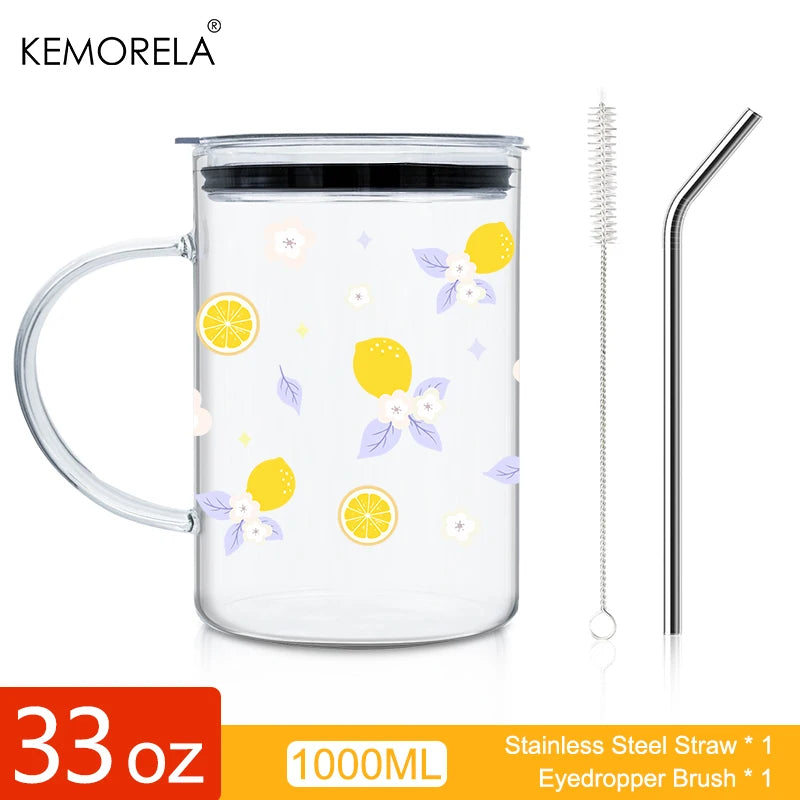 KEMORELA 1000ml Bow-Knot Glass Cup with Lid & Straw | Borosilicate Glass Tumbler Axl D 1000ML