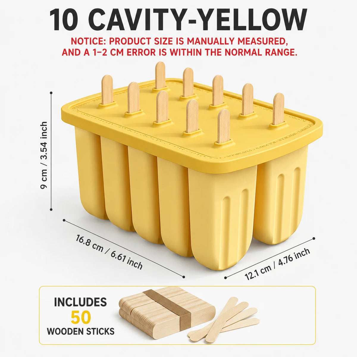 Silicone Popsicle Mold 9/10 Cavity + 50 Wooden Sticks | Ice Pop Popsicle Mold Set Axl 10 Cavity-Yellow