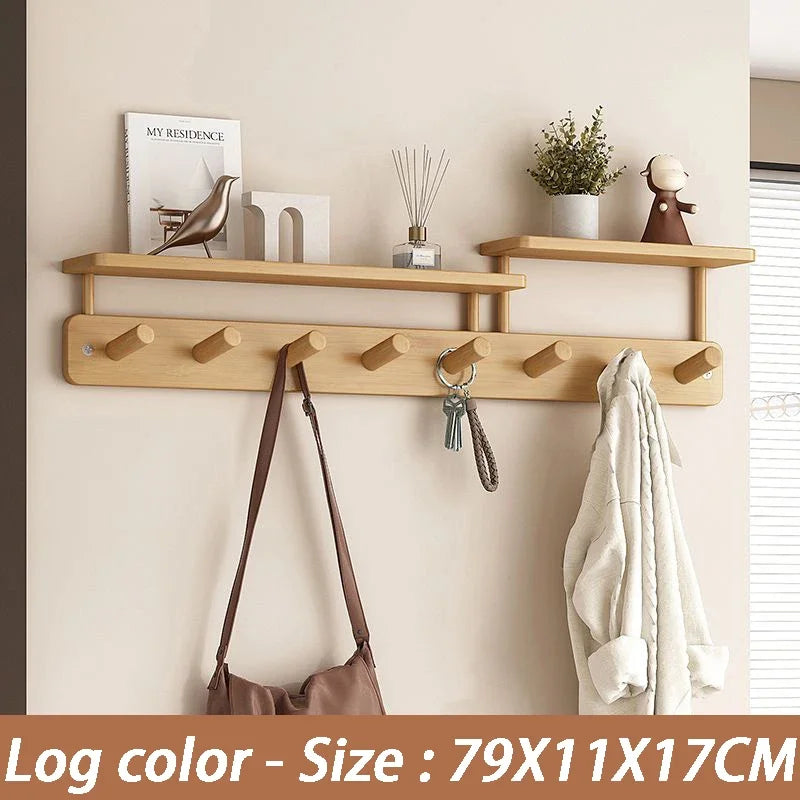 Wall Mounted Bamboo Coat Rack with Shelf & 8 Hooks Wall Coat Rack Axl Log Color-8 Hooks