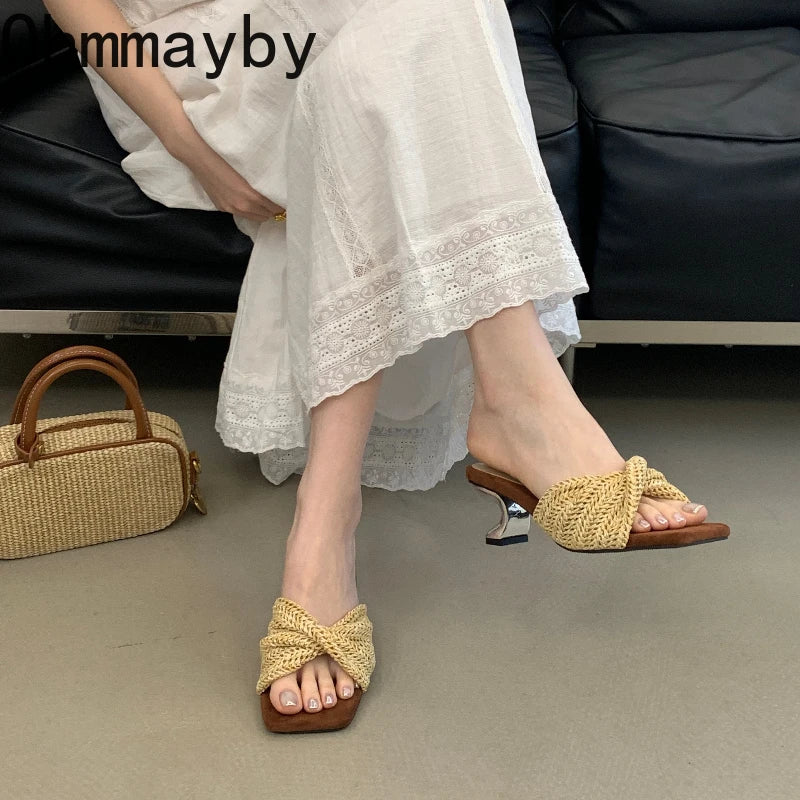 Vintage Weave Square Toe Wedge Slide Mule Women's Slippers Wedge Slide Mules Axl