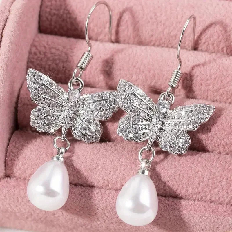 Huitan Butterfly Drop Earrings – CZ & Imitation Pearl Drop Earrings Axl E3803
