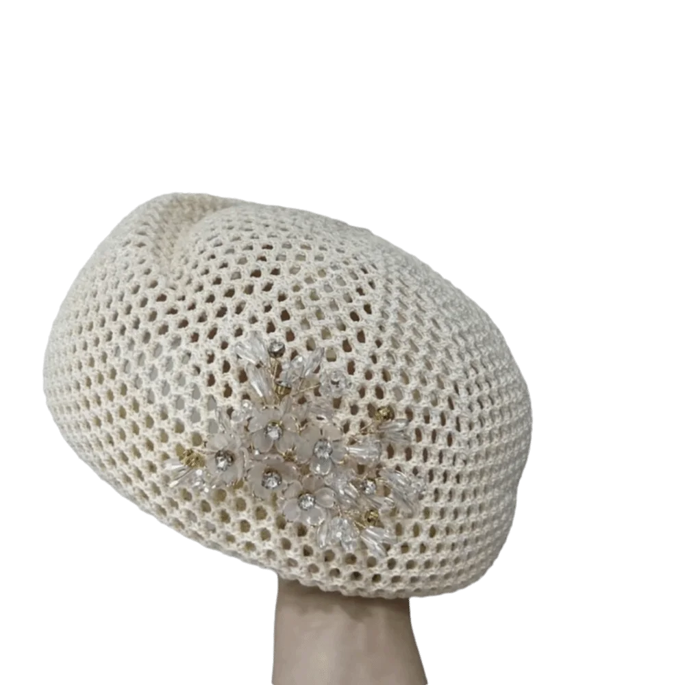 French Hollow-Out Floral Beret – Knit Polyester Cap for Women Knit Beret Hat Axl Rhinestone Beige
