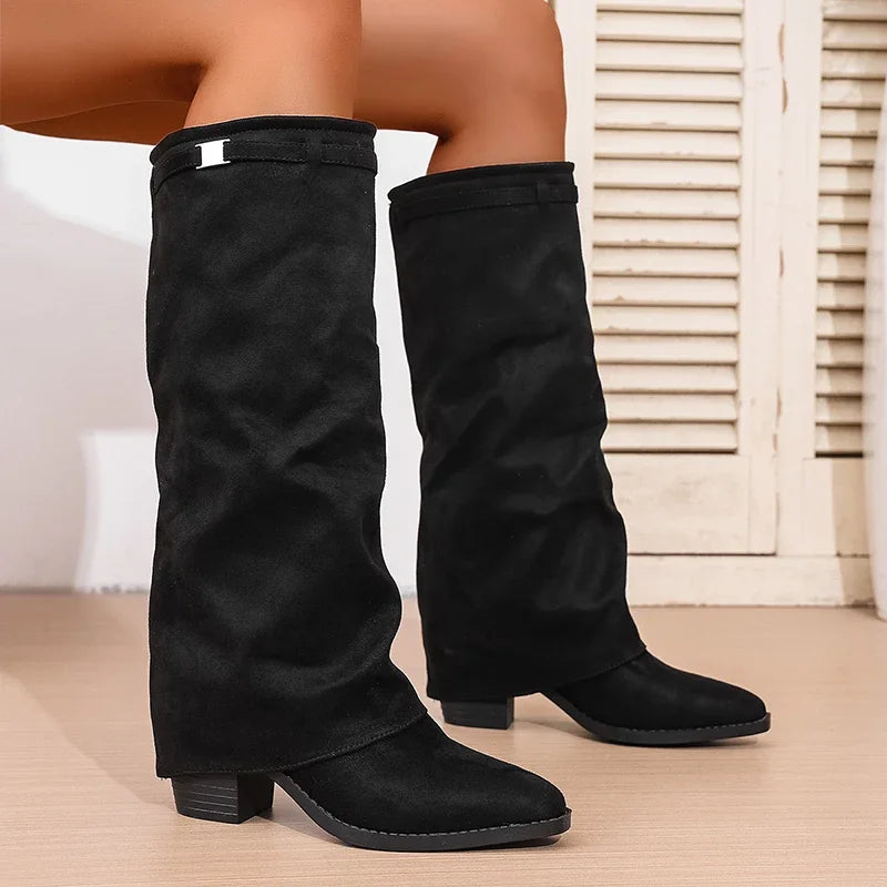 Women's Slip-On Knee High Boots – Pointed Toe Block Heel Knee High Boots Axl 36 black