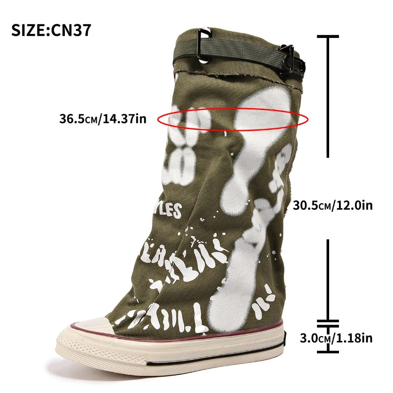 Women's Canvas Flat Cowboy Boots – Knee-High Slip-On Punk Style Knee-High Boots Axl