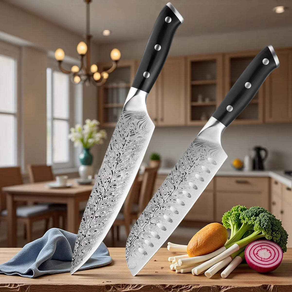Santoku Knife Set – Fishbone Pattern Kitchen Chef Knives Santoku Knife Set Axl