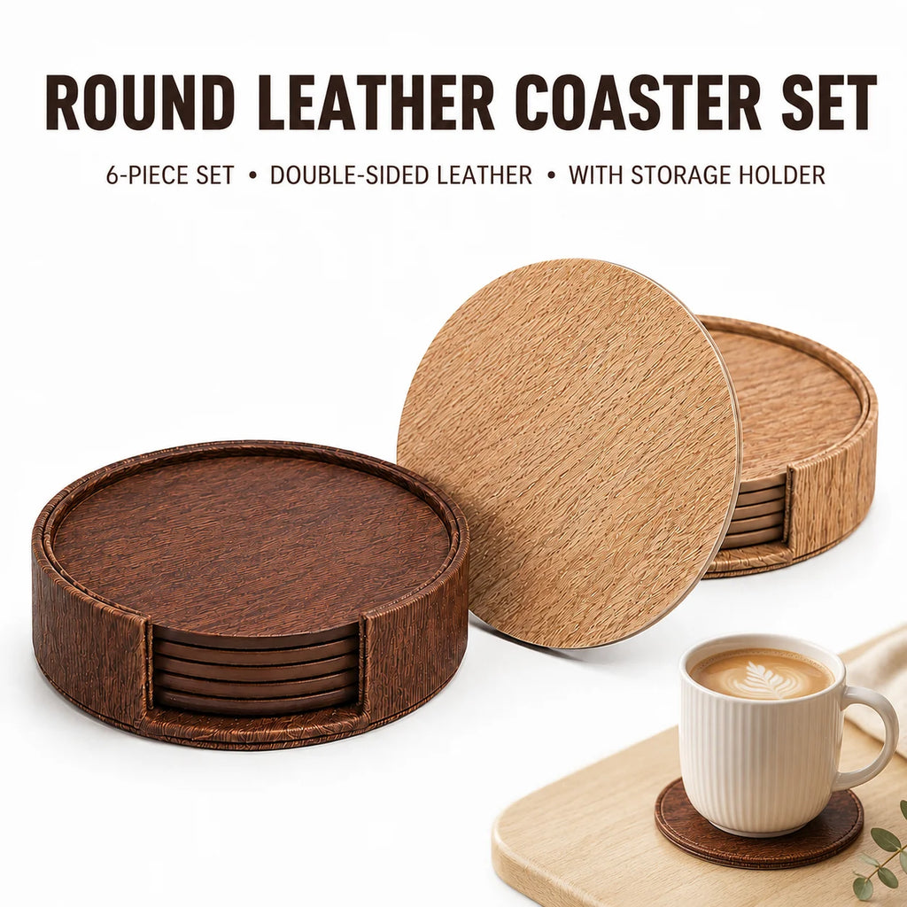 Leather Coasters Set of 6 – Wood Grain Drink Coasters with Holder Drink Coaster Set Axl