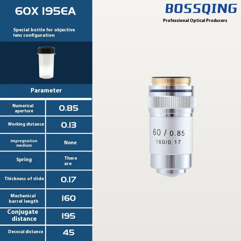 Achromatic Objective Lens 4X–100X Biological Microscope 195mm Microscope Objective Lens Axl 60X195EA