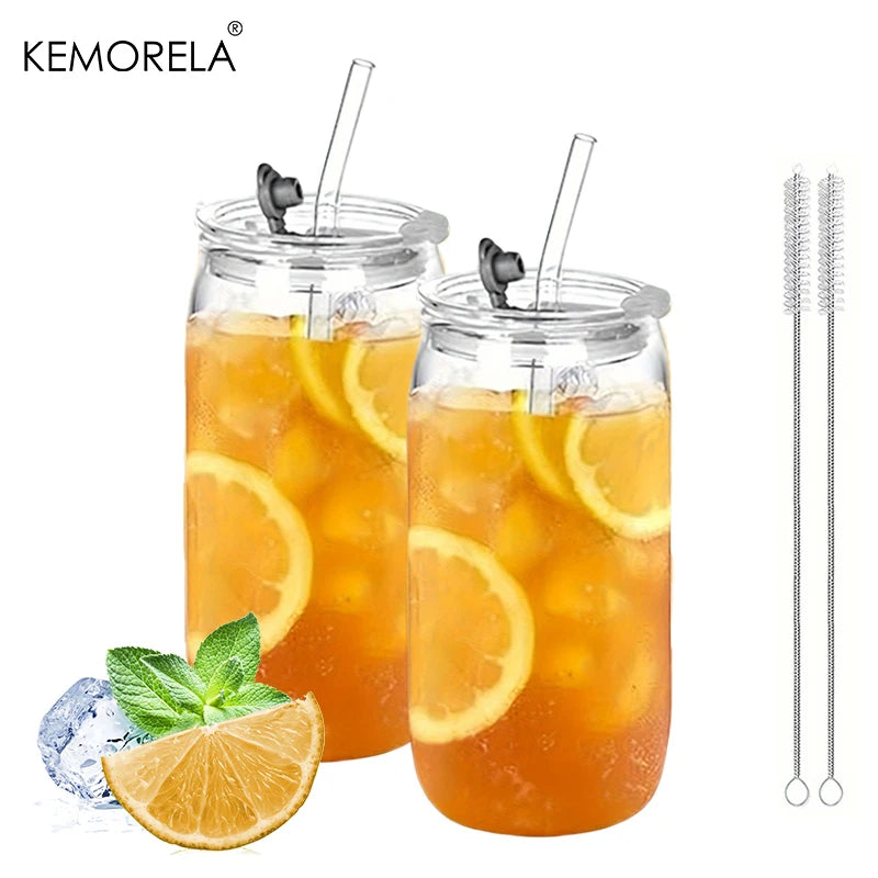 KEMORELA 470ml Glass Cup with Straw Lid | 1 or 2 Pack Glass Drinkware Set Axl 2PCS 470ML
