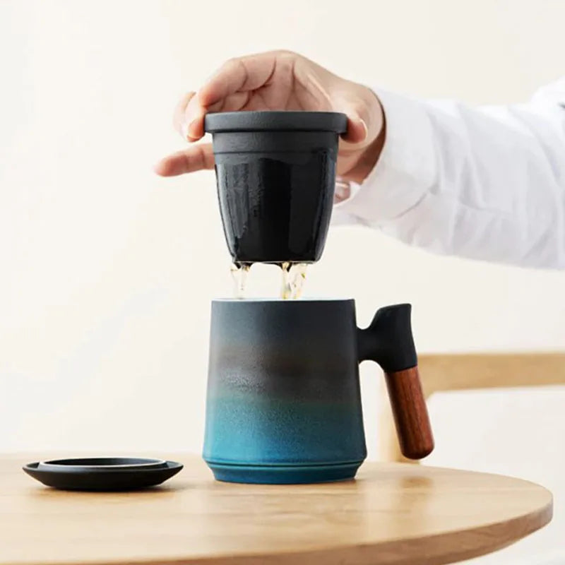 Ceramic Bubble Tea Mug with Lid & Wood Handle – 400ml Ceramic Tea Mug Axl
