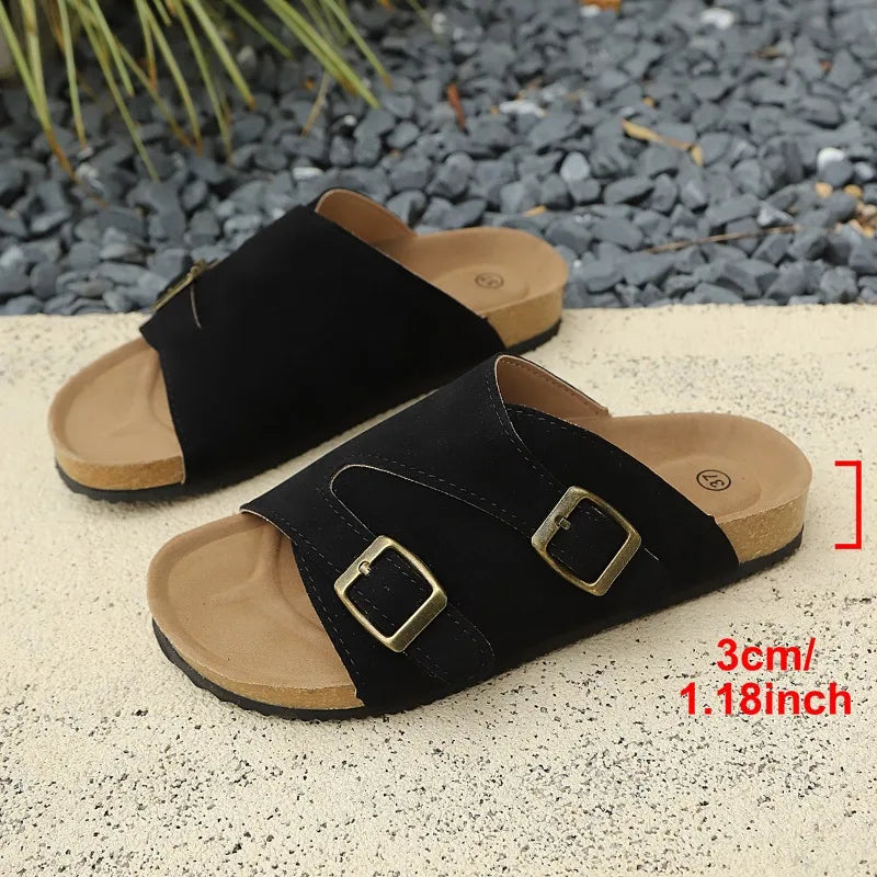 Women's Faux Suede Cork Sandals Double Buckle Flat Slides Cork Flat Sandals Axl