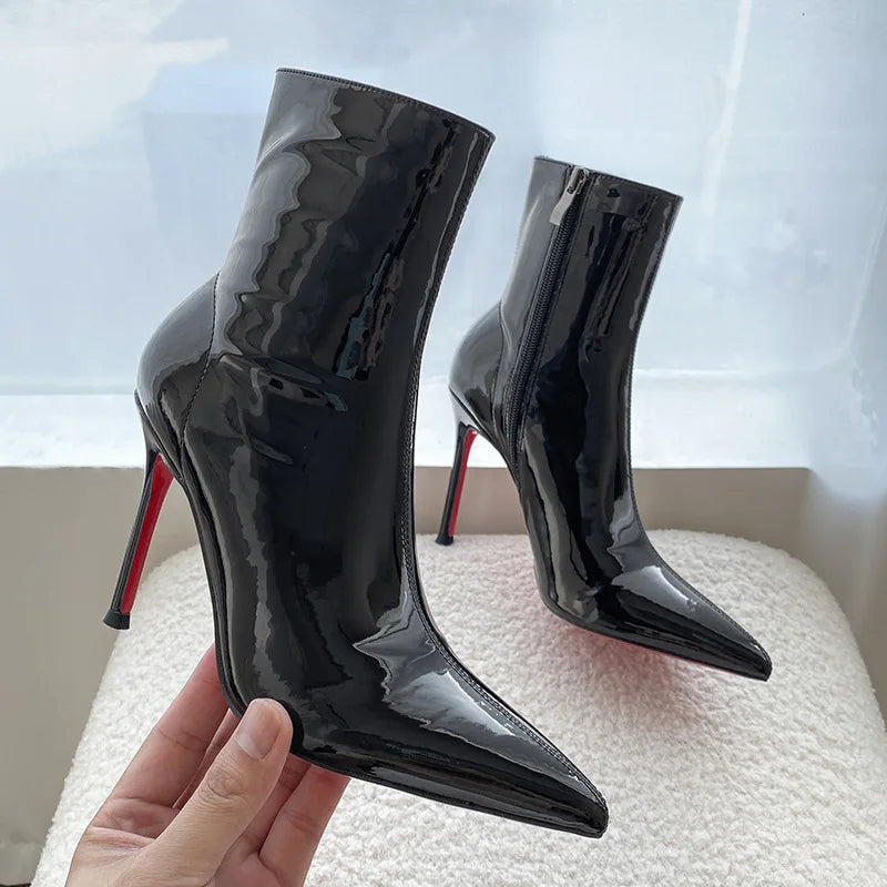 Women's Stiletto Heel Mid-Calf Boots | Pointed Toe Patent PU Stiletto Heel Boots Axl