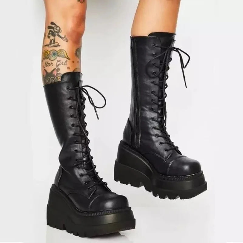 Women's Punk Platform Mid-Calf Boots – Gothic Wedge Motorcycle Platform Motorcycle Boots Axl 42 H17-black