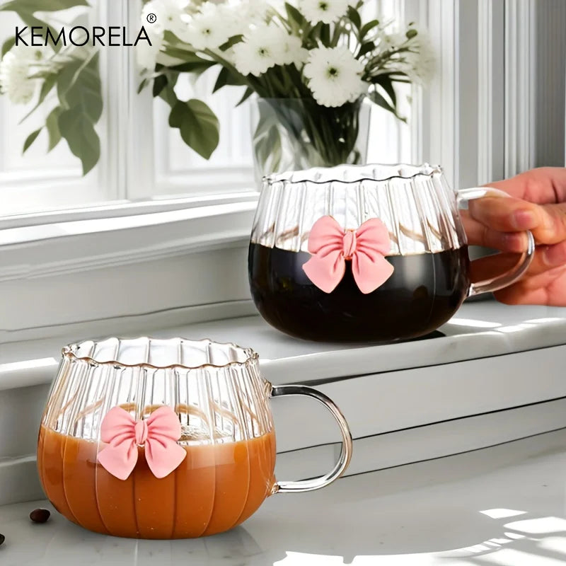 Glass Pumpkin Coffee Mugs with Pink Bows & Handle | 1–2 Pack Glass Coffee Mug Axl