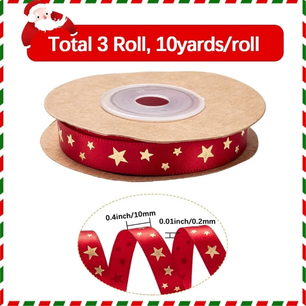 Red Gold Star Polyester Ribbon 3/8" – 30 Yards (3 Rolls) Craft Ribbon Axl