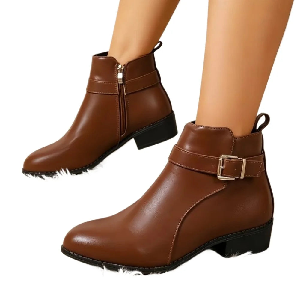 Women's PU Leather Ankle Boots | Side Zipper Square Heel Women's Ankle Boots Axl