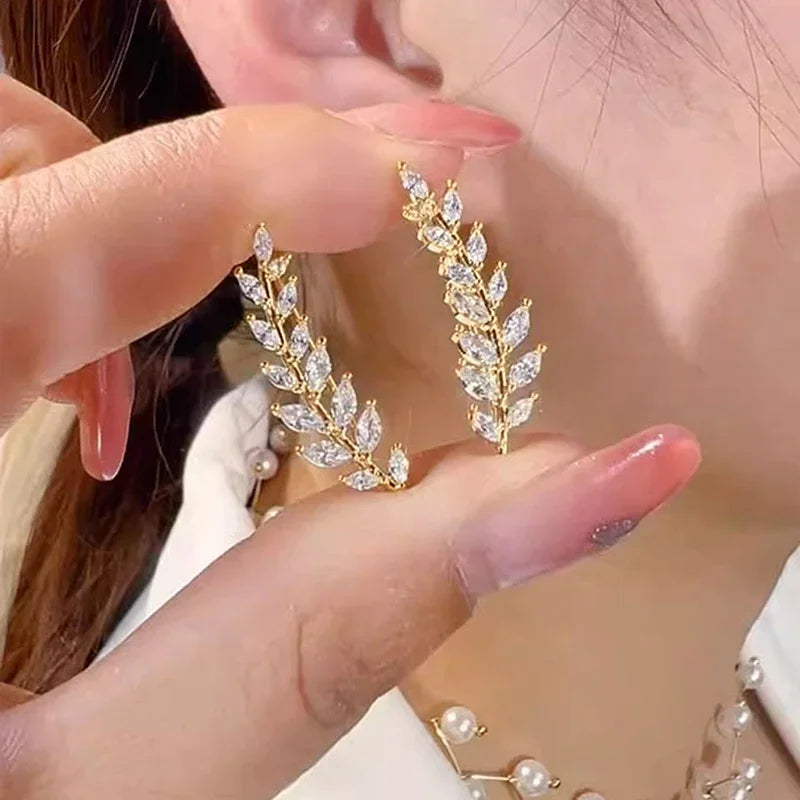 Huitan Leaf Stud Earrings with Cubic Zirconia | Women's Jewelry Stud Earrings Axl E3628