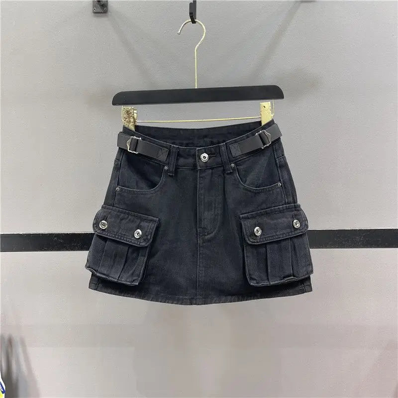 Women's Denim Mini Cargo Skirt – A-Line Zipper Fly Jean Skirt Denim Mini Skirt Axl Black XL