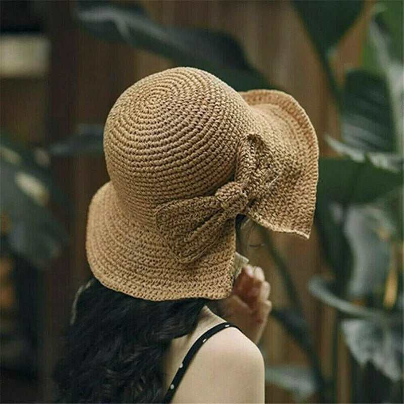 Women's Wide Brim Foldable Straw Beach Sun Hat with Bowknot Straw Sun Hat Axl