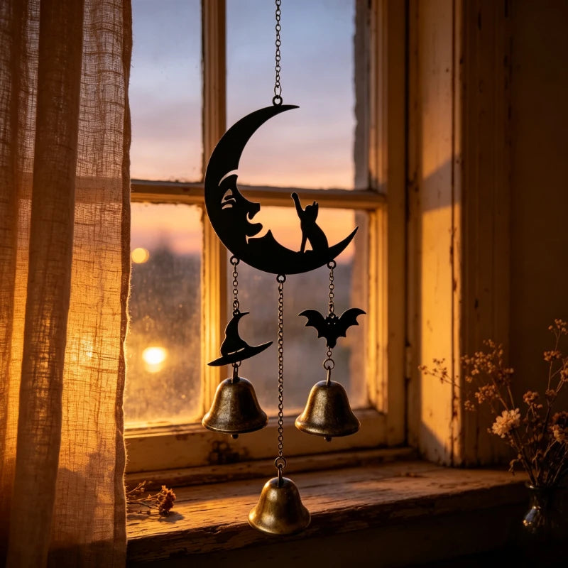 Gothic Moon Cat Metal Wind Chime – Halloween Bat & Witch Hat Metal Wind Chime Axl