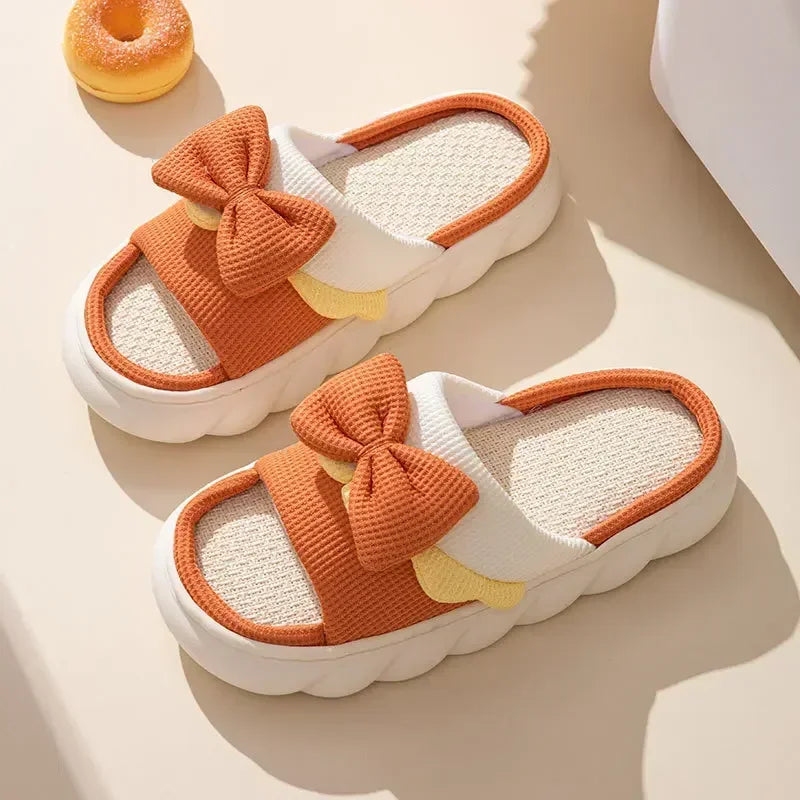 Women's Linen Bowknot Slippers – Anti-Slip Flat Cotton Slides House Slippers Axl Orange 38-39