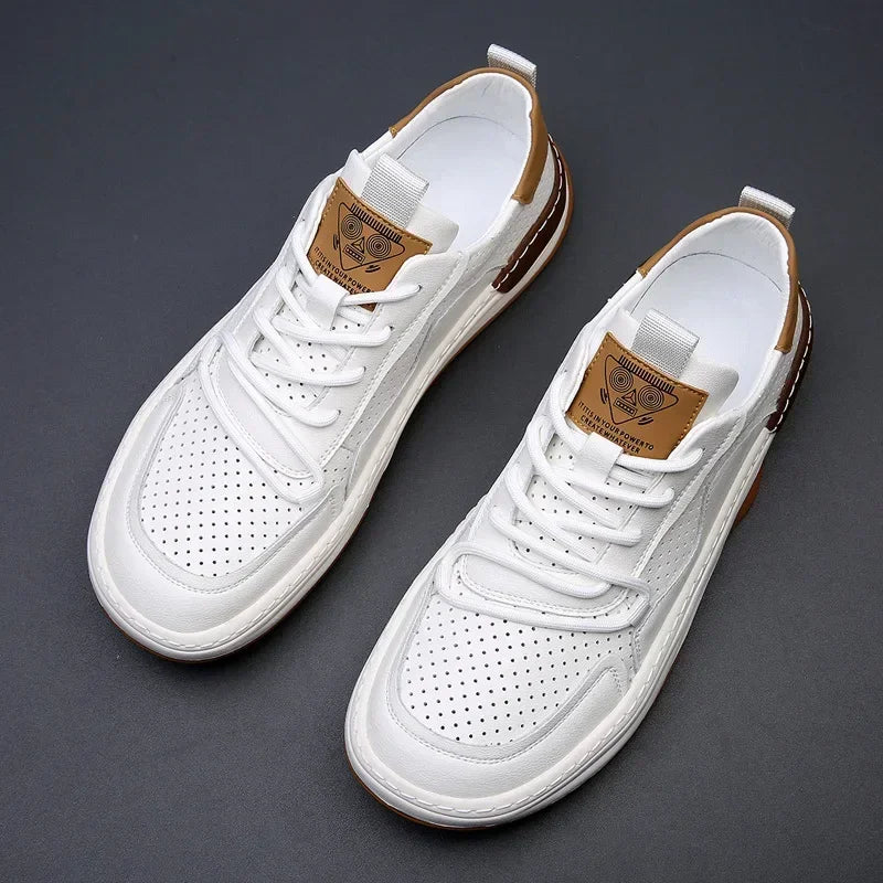 YBQJOO Men's Hollow-Out Leather Sneakers | Lace-Up Casual Shoes Men's Leather Sneakers Axl