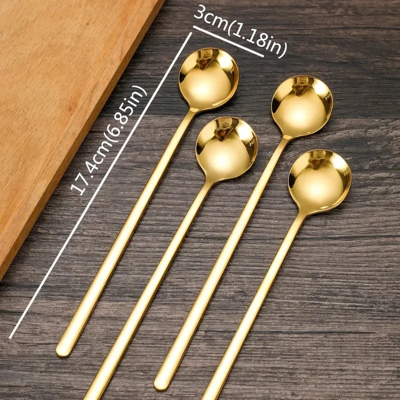 4-Piece Golden Long Handle Stainless Steel Coffee & Tea Spoons Kitchen Spoon Set Axl