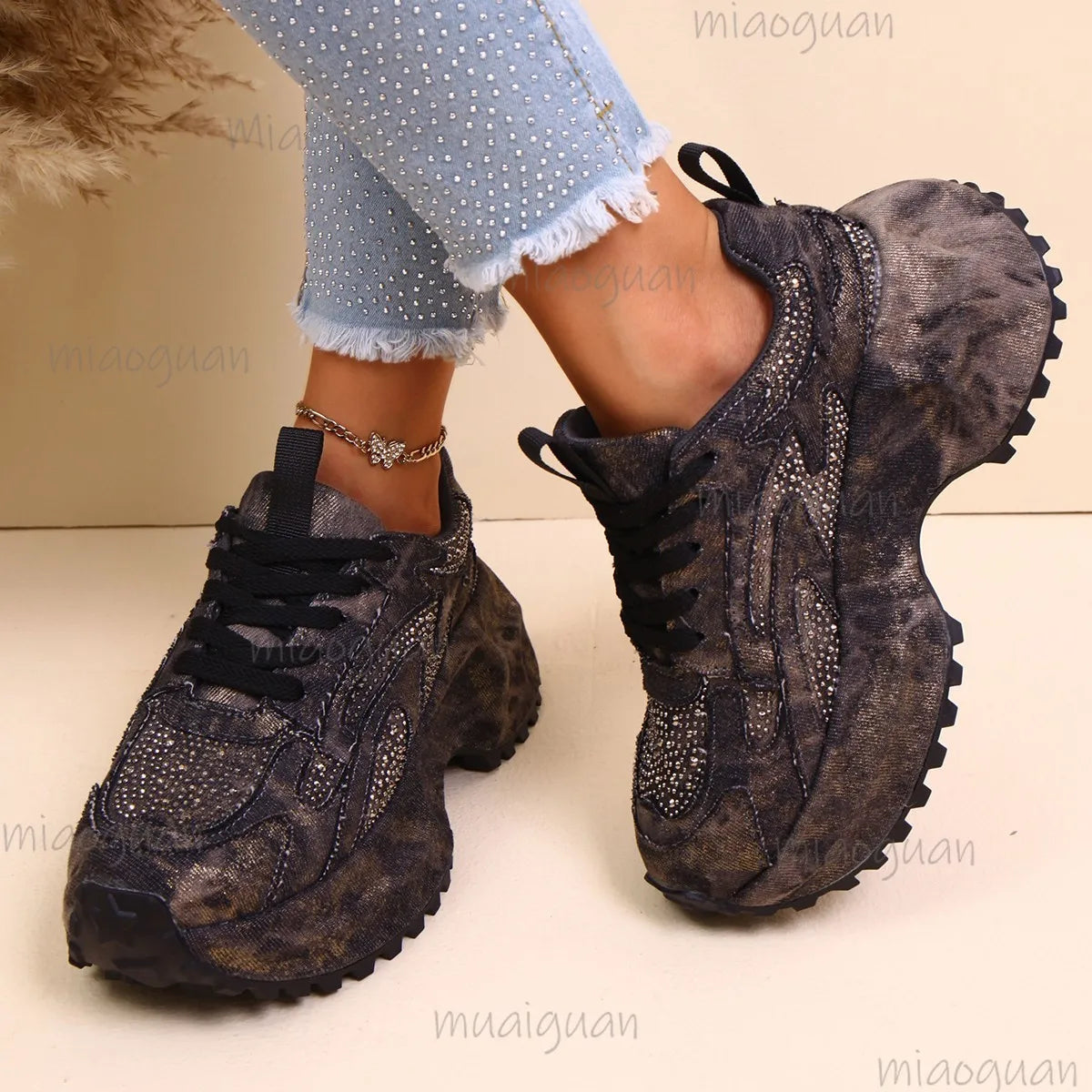 Women's Rhinestone Chunky Platform Sneakers | Denim Canvas Platform Sneakers Axl