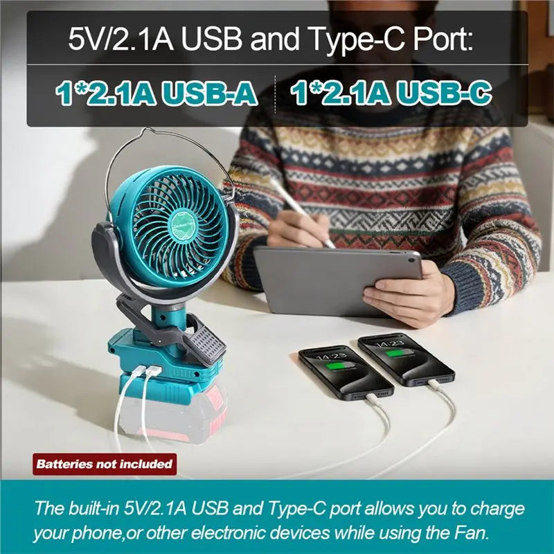 Cordless Clip Fan 18V Battery Dual USB 2-Speed – Camping & Work Cordless Clip Fan Axl