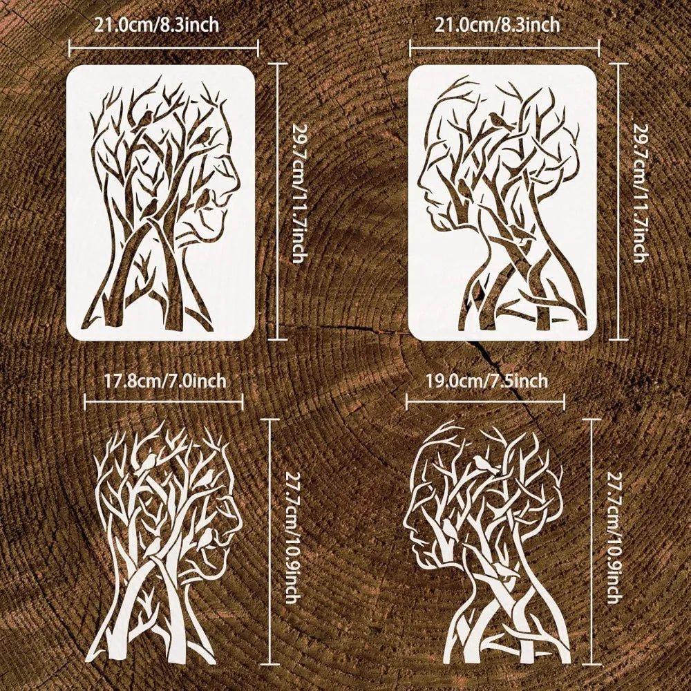 2PCS Tree of Life Stencil 11.7x8.3" – Man Woman Bird Branch Painting Stencil Axl