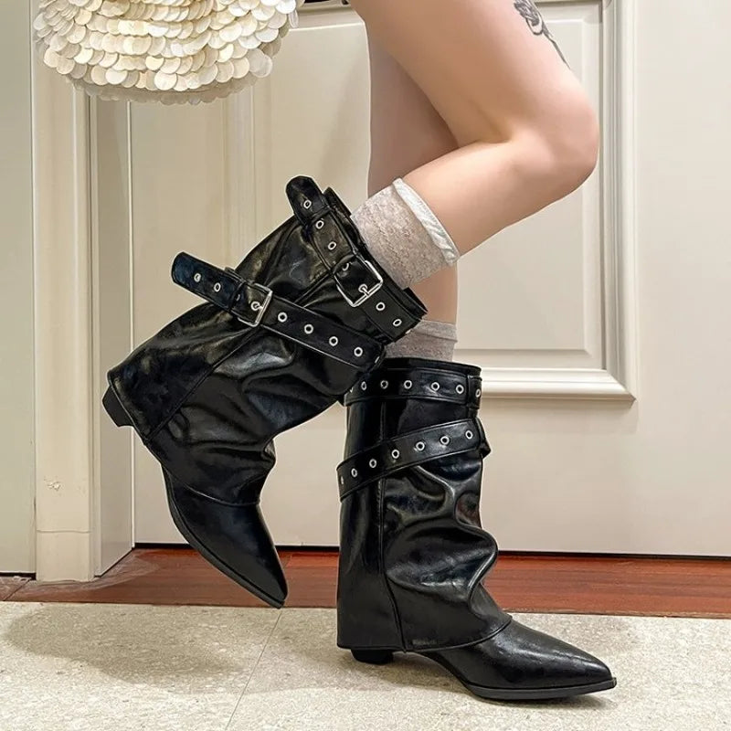 Women's Pointed Toe Mid-Calf Boots | Square Heel Slip-On Women's Fashion Boots Axl