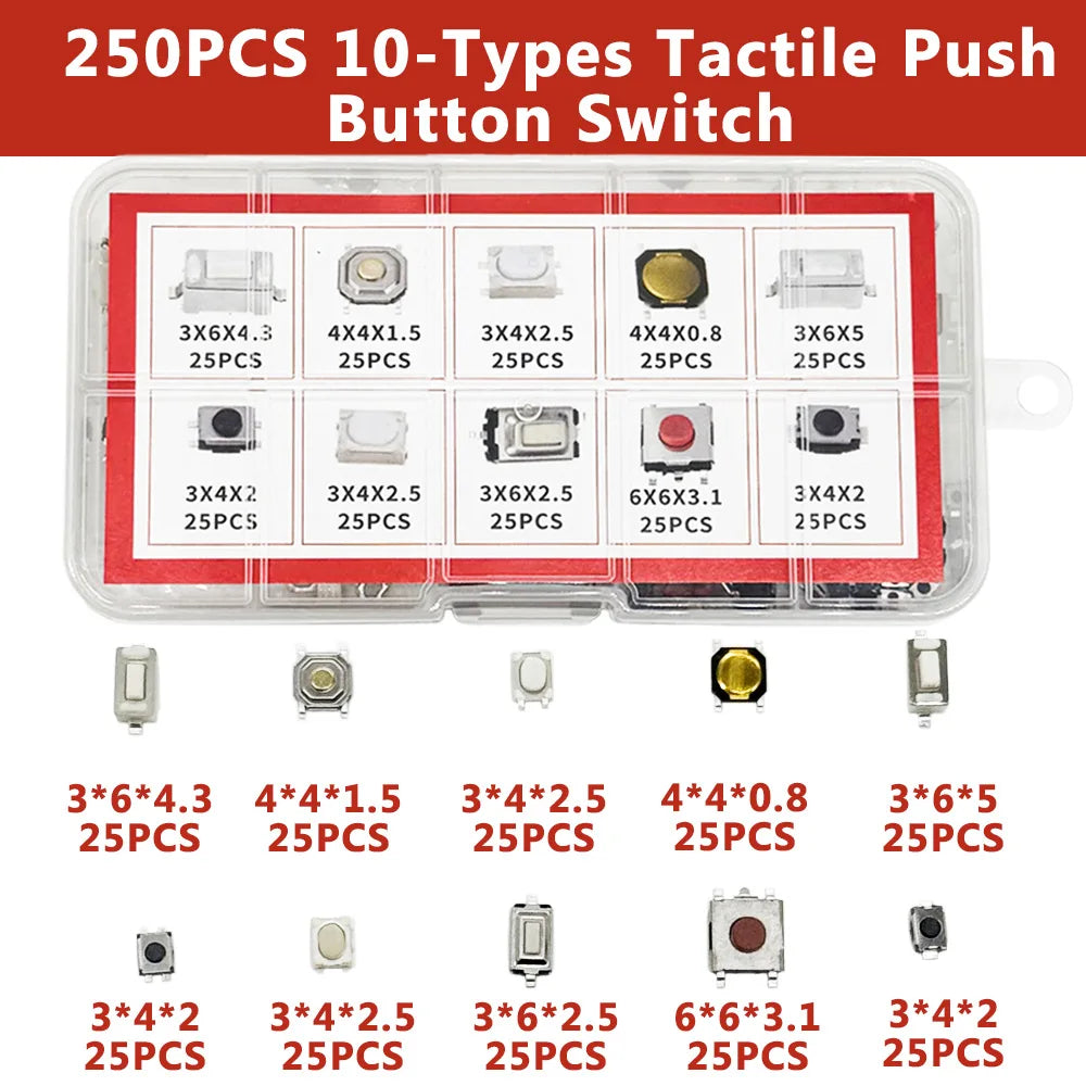 250PCS Tactile Push Button Switch Kit – 10 Types Microswitch Set Microswitch Assortment Kit Axl