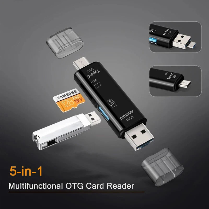 5-in-1 USB OTG Card Reader – Type-C, Micro USB, SD & TF USB OTG Card Reader Axl