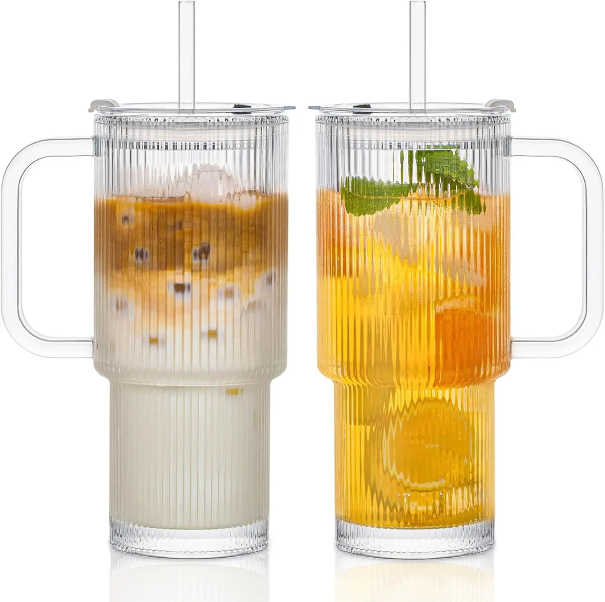 760ml Ribbed Glass Tumbler with Lid & Straw | KEMORELA Set Glass Tumbler Set Axl 2PCS 760ml