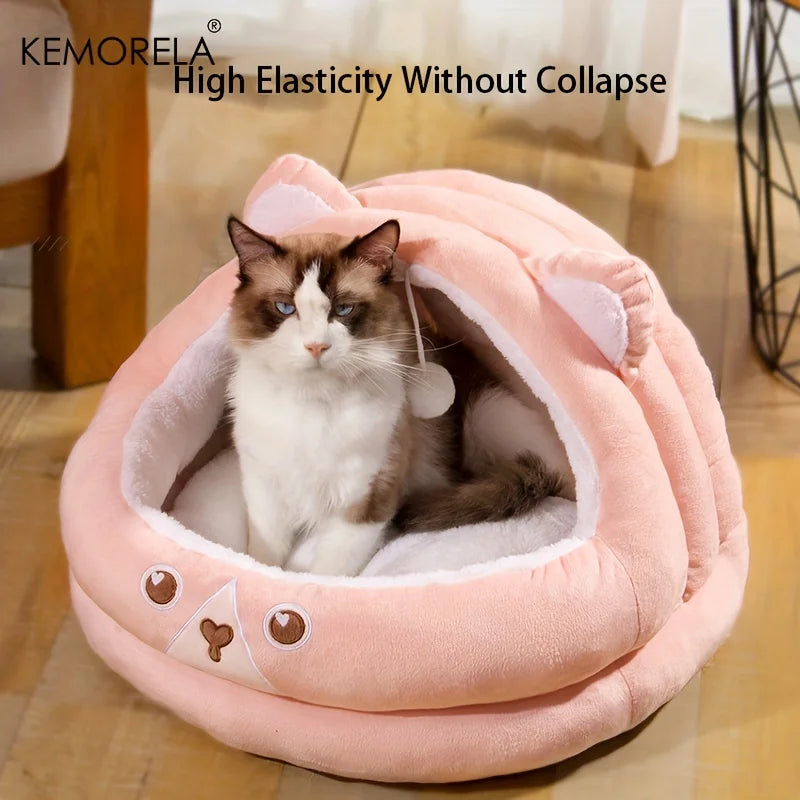KEMORELA Bear Shape Semi-Enclosed Cat & Dog Bed – Warm Plush Pet Bed Axl Pink L