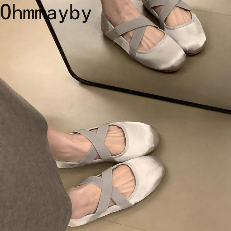 Women's Satin Cross Strap Ballet Flats – Elegant Slip-On Ballet Flat Shoes Axl