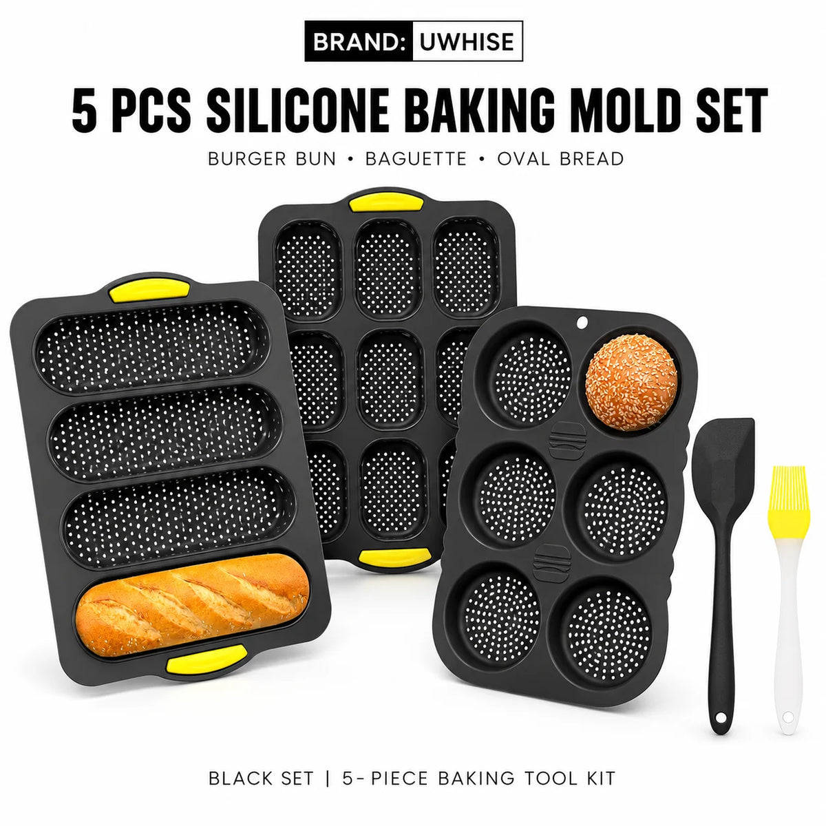 Uwhise 5-Pc Silicone Baking Mold Set – Bun, Baguette & Loaf Pan Silicone Bakeware Set Axl