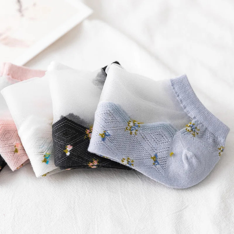 Women's Lace Floral Ankle Socks – 5 Pairs Breathable Cotton Women's Ankle Socks Axl
