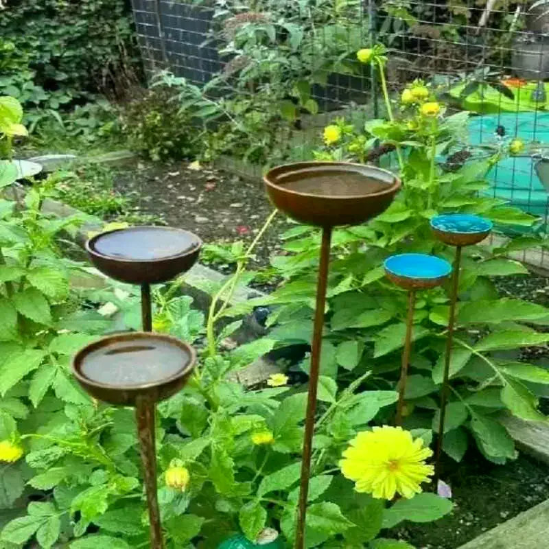 3-Piece Rustic Metal Rain Catcher Garden Stakes | Aged Bronze Garden Stake Ornament Axl
