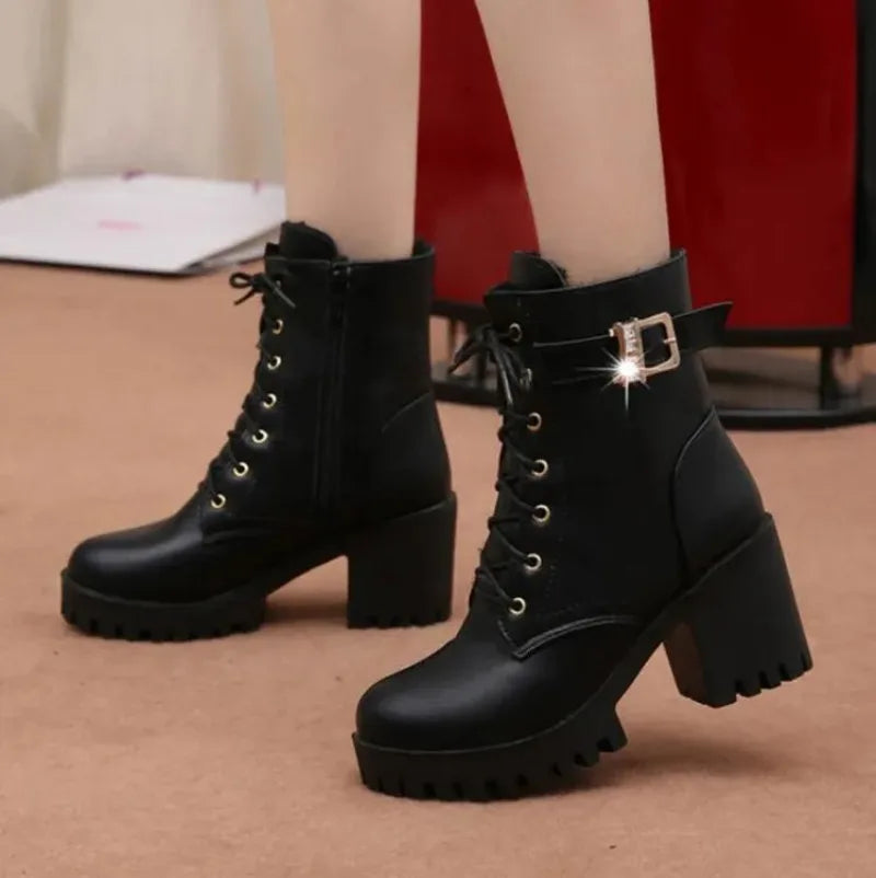 Women's Waterproof Lace-Up Ankle Boots | Platform Square Heel Women's Ankle Boots Axl