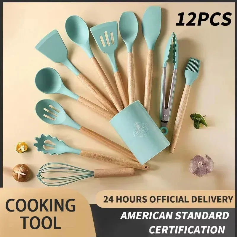 12-Piece Silicone Kitchen Utensil Set – Wooden Handles Silicone Utensil Set Axl