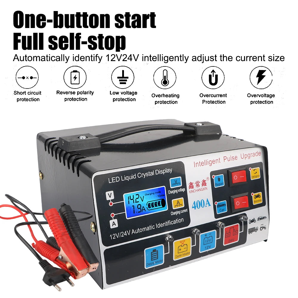 220W Smart Car Battery Charger LCD 12V/24V Pulse Repair EU Plug Car Battery Charger Axl
