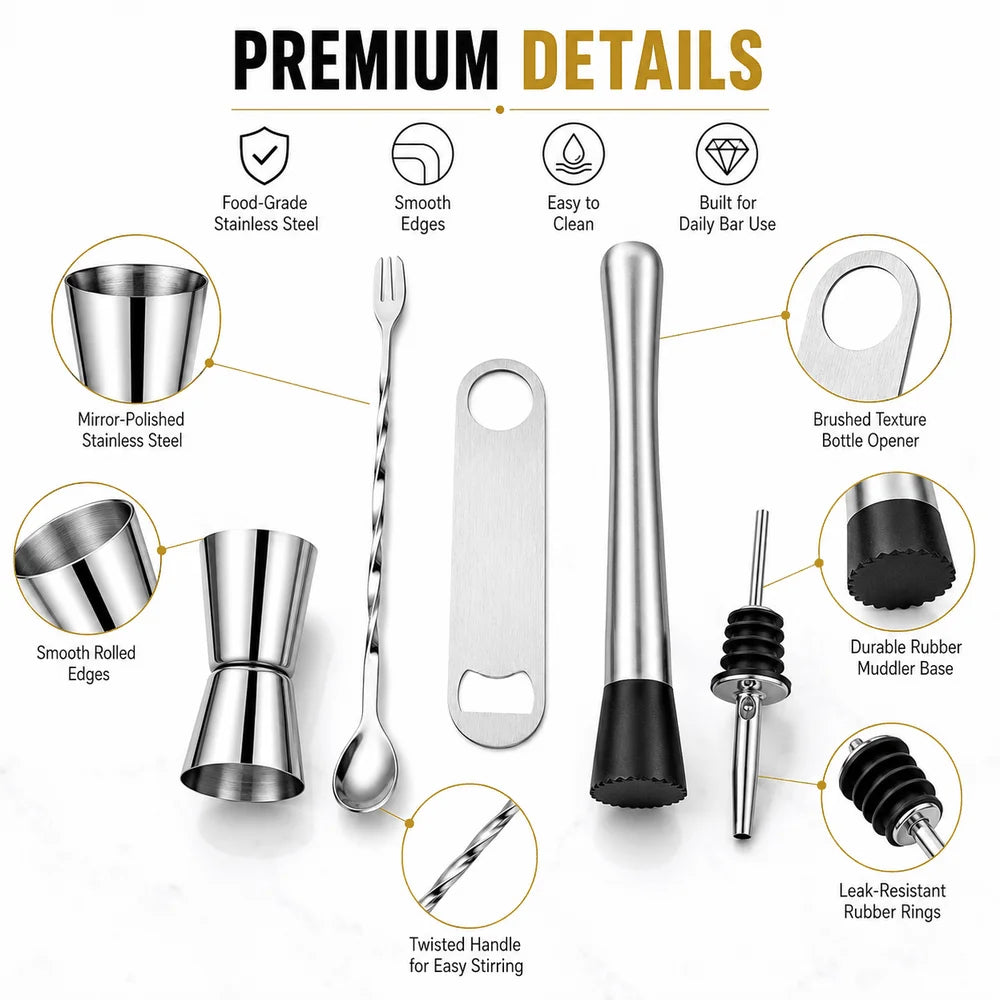 Stainless Steel Cocktail Muddler & Bar Tool Set | 3–9 Piece Bar Tool Set Axl